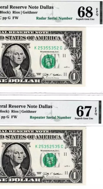 RADAR & REPEATER  $1  Federal Reserve  25355352 & 25352535 PMG 68 TWO NOTES