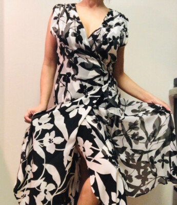 ECI New York Sz 4 SILK Black Ivory Long Wrap Dress Maxi Gown Chiffon Overlay s