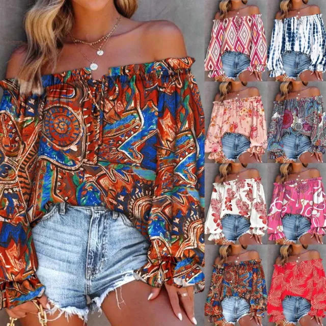 Women Summer Sexy Off Shoulder Print Casual Loose Tops Long Sleeve Blouse