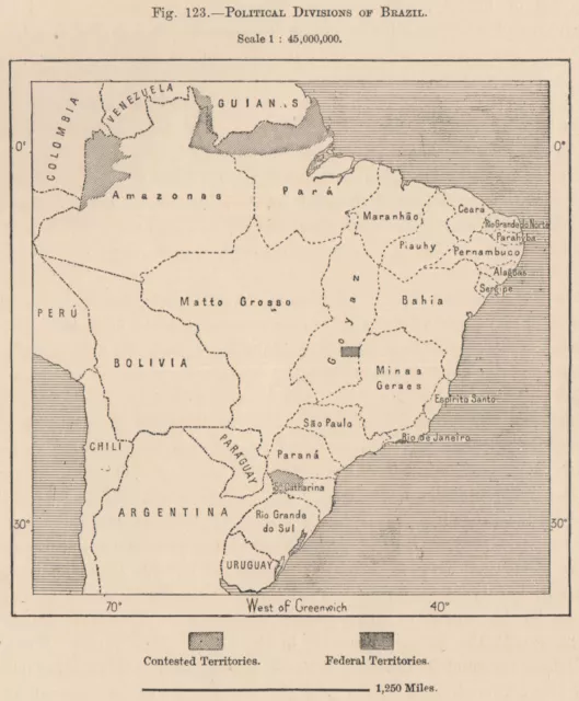 Political divisions of Brazil 1885 old antique vintage map plan chart
