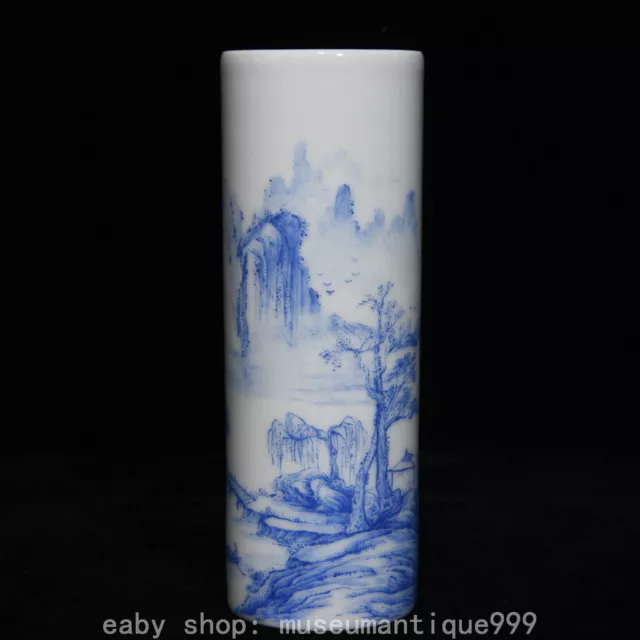 5.7" Ancient China Qianlong Blue White Porcelain landscape Brush Pot Pencil Vase