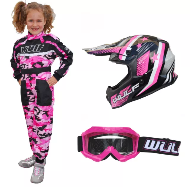 Kids Wulfsport Wulf MX Quad Motocross Overall Helmet Goggle Pink Camo Set #O4