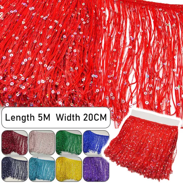 5Mx20CM Sparkle Sequin Tassel Fringe Lace Trim Ribbon DIY Latin Dance Dress NEW