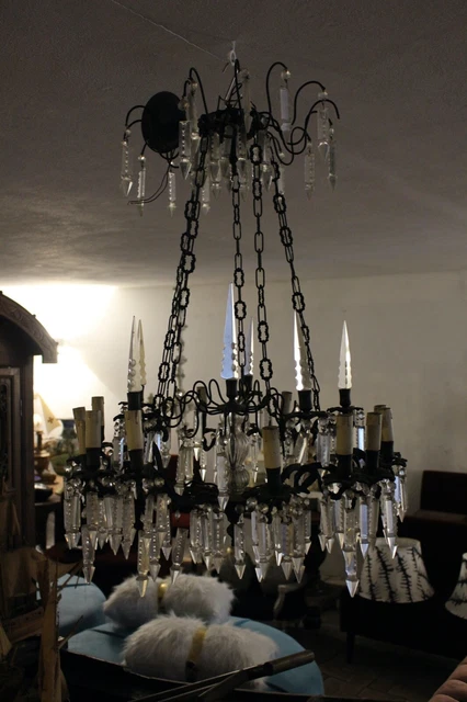 Antico Lampadario Stile Maria Teresa Gocce Di Cristallo Meta' Xx Sec  20 Luci.