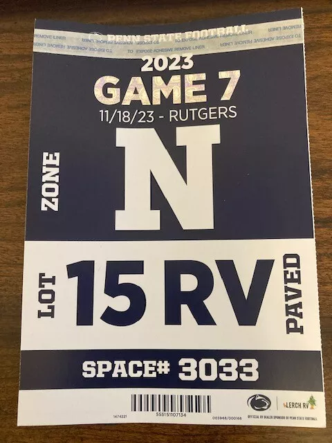 Penn State vs. Rutgers football RV parking pass only 11/18/23