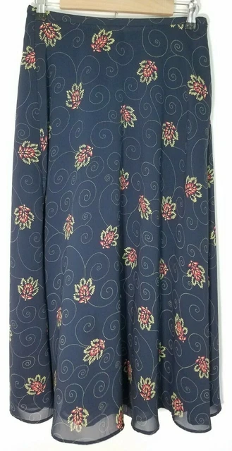 Amanda Smith Maxi Skirt S Small Sheer A-Line Floral Navy Blue Multi Long Modest