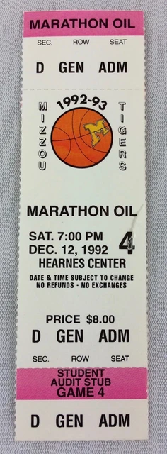 1992 12/12 Marathon Oil at Missouri Tigers Basketball Full Ticket