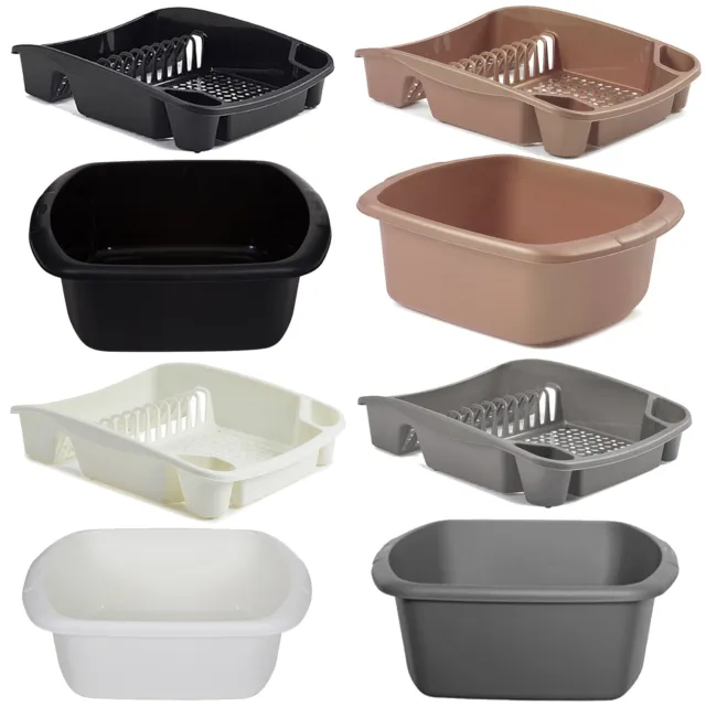 Kitchen Set: Plastic Wash Up Bowl Basin & Dish Drainer Rack with Plate Holder