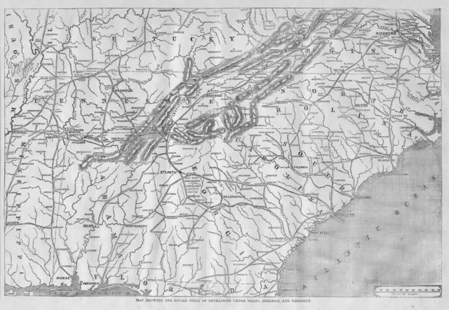 Civil War Map, 1864 Field Of Operation, Grant, Sherman