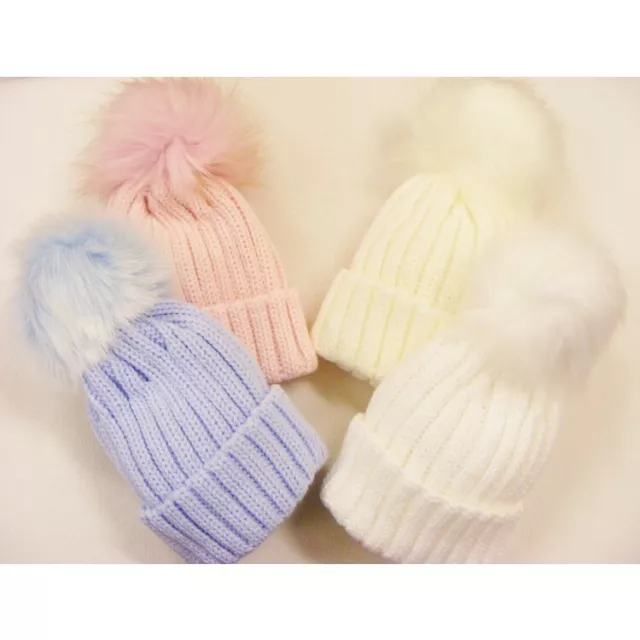 Childrens Knitted Bobble Hat Faux Fur Pom Pom Warm Winter Deluxe Hats Kids 1-6