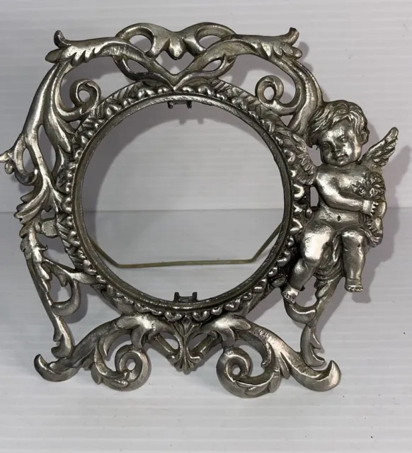 Victorian Cherub Picture Frame Easel Back Free Stand Antique Pewter Holds 3” Pic