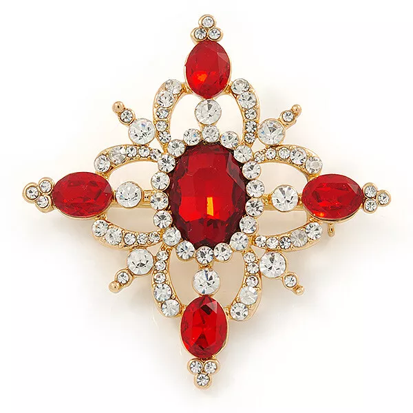 Red/ Clear Austrian Crystal Diamond Shape Corsage Brooch In Gold Plating - 50mm