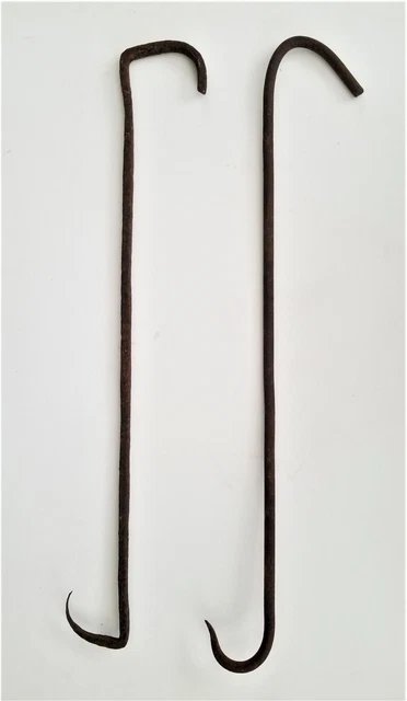 18thC antique 2pc 29" MEAT HOOKS butcher WROUGHT IRON primitive blacksmith