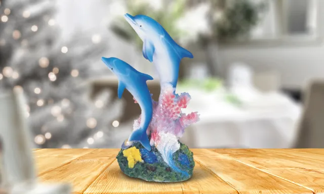 Dolphins Swimming Around Coral Statue 5"H Sea Life Figurine Room Decor