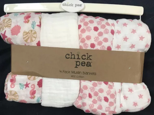 Chick Pea 4 Pack Muslin Blankets Swaddle Seashells Sea Stars Sz 36”x 40” NWT
