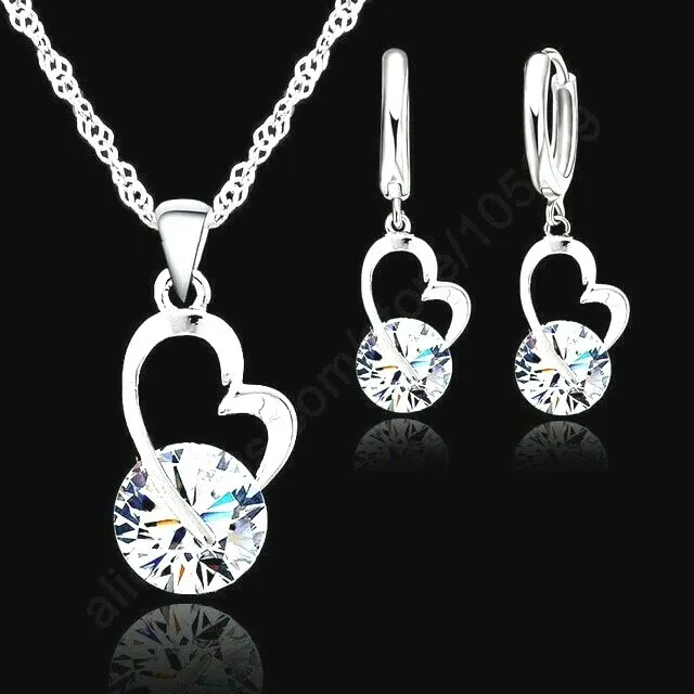 925 Sterling Silver Earring And Necklace Set Crystal Rhinestone Heart Pendant UK