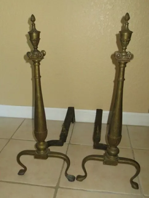 ANTIQUE BRASS & CAST IRON FIRE DOG ANDIRONS PAIR Neoclassical Design (25"" tall)