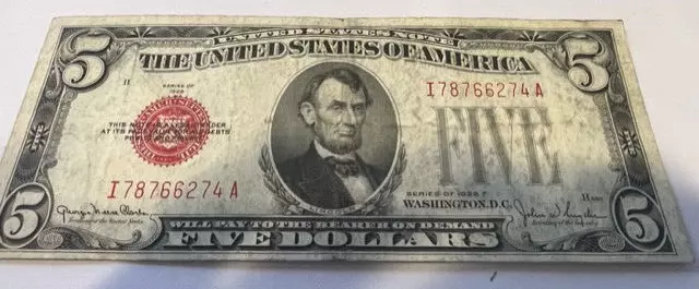 1928-F Five Dollar Bill $5.00 U.S. Red Seal US Note Circulated - Good Condition