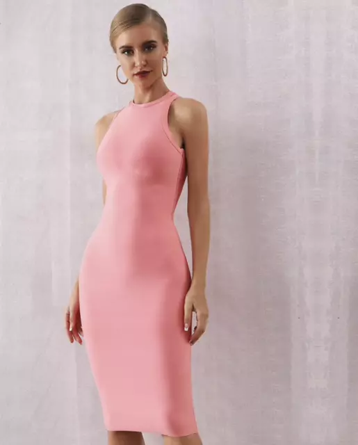 New Designer Couture Dress Conservative Pink Peach Coral High Neck Bandage Dress