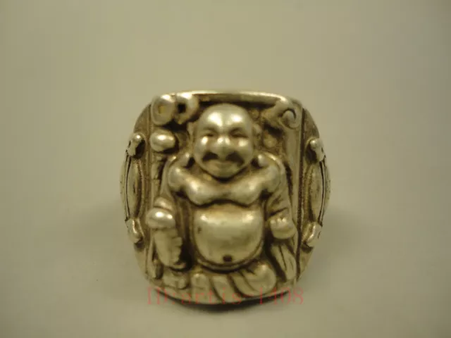 China Tibet Silver Hand-made Happy Maitreya Buddha Statue Ring Decoration Gift
