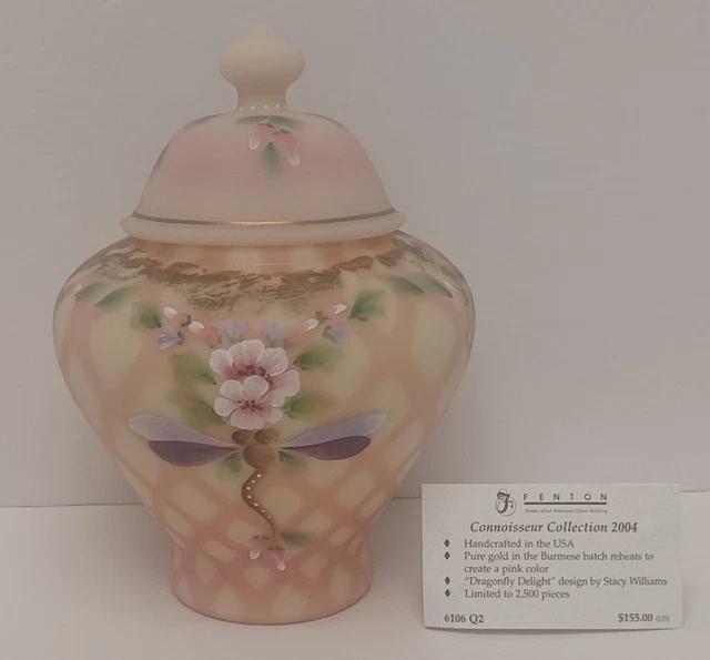 Fenton Burmese Dragonfly Delight Temple Jar Hand Painted Artist Signed...