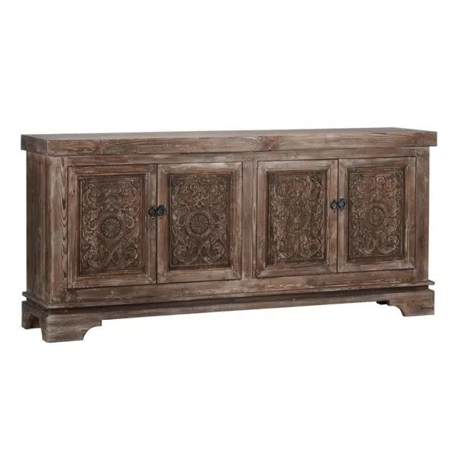 Reclaimed Wood 4 Door Sideboard with Hand Carved Floral Pattern Brown