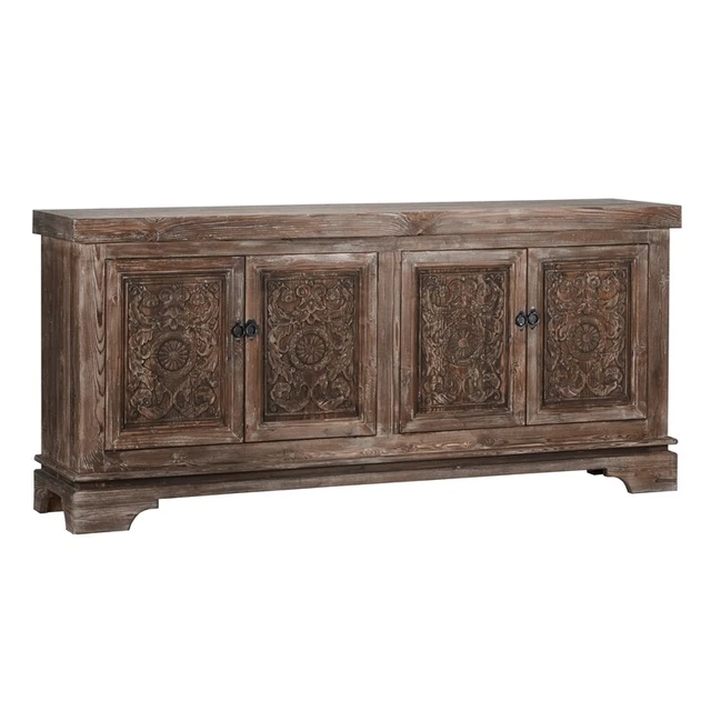 Reclaimed Wood 4 Door Sideboard with Hand Carved Floral Pattern Brown