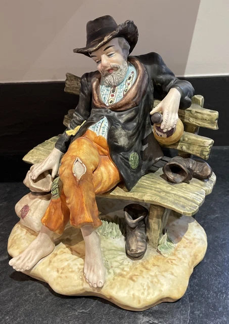 Vintage LARGE CAPODIMONTE PORCELAIN Figurine Tramp Hobo on Bench Drinking Wine