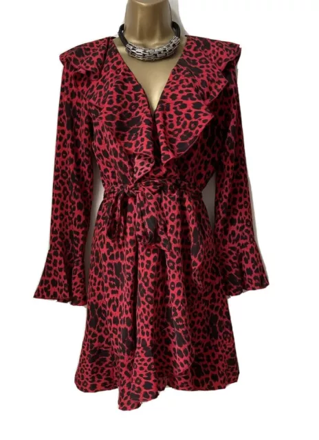 LIPSY RED Black Leopard Print Wrap Dress 16 Long Sleeve Ruffle Party Occasion 30.99 PicClick UK