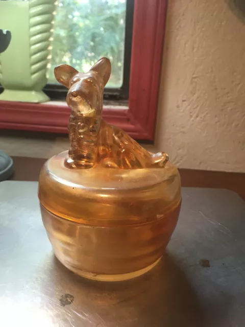 Vintage Jeannette Marigold Carnival Glass Scottie Dog Vanity Powder Jar Dish