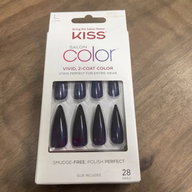 Kiss Color Glue Included Blueish Purple Long Length 28 Color Nails New