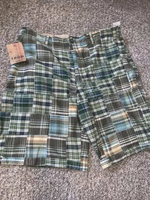IZOD Saltwater Madras Multicolor Patchwork Flat Front  Mens Shorts Size 36 NWT