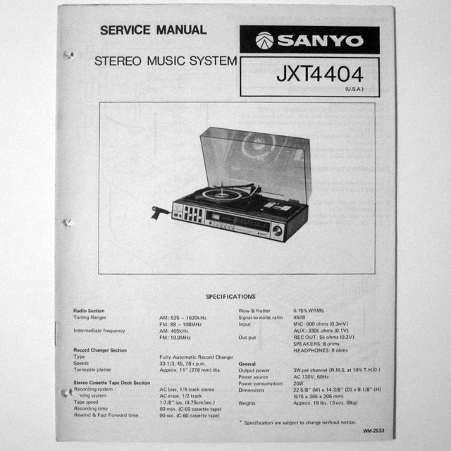 SANYO ® Model JXT4404 Stereo Music System - Service Manual © 1977 New Old Stock