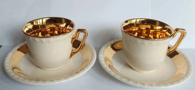 VILLEROY ET BOCH SAAR ETOILE DU NORD 2 TASSES A CAFÉ MOKA FAIENCE BLANC & OR XXe