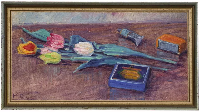Still Life With Tulips Old Oil Painting