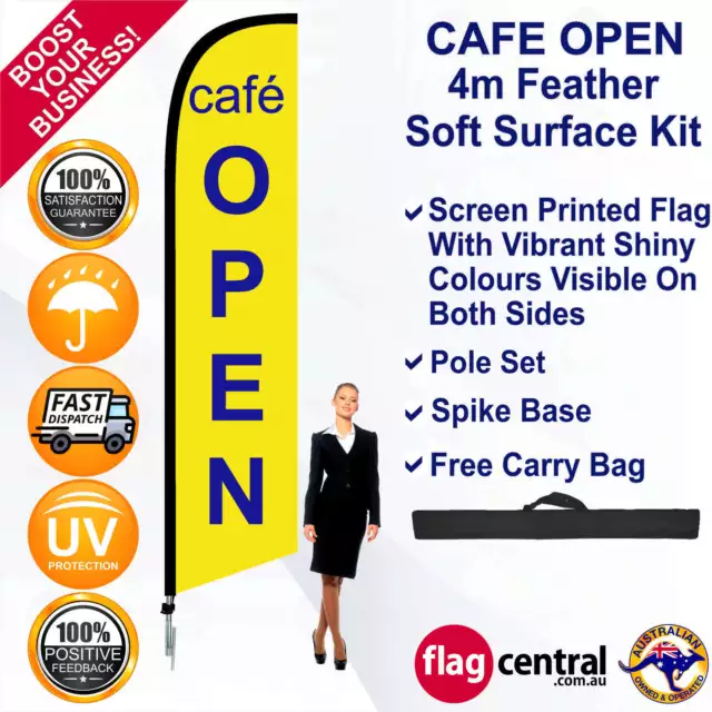 CAFE OPEN Yellow 4m Feather Flag/Banner Kit with Spike *Advertising *Waterproof