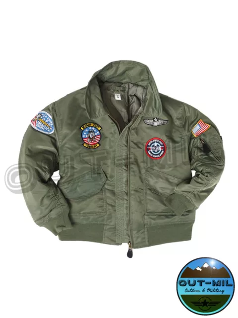 Bomber bimbo bambino "CWU" Verde Militare con ricami patch Aviazione Americana