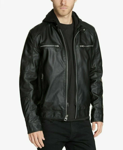 Guess Faux-Leather Black Motorcycle Jacket Mens XL Hood and Bib