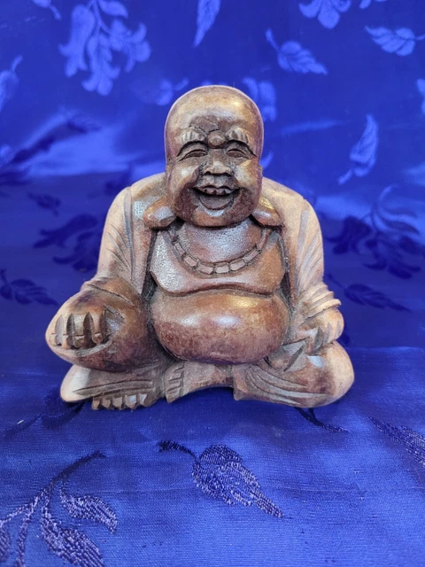 Hand Carved Wood Hotei (Laughing / Good Luck) Buddha Sculpture