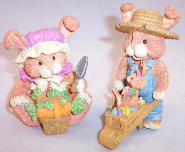 Shining Bright Pair of Gardening Bunnies Rabbits Figurines Easter Decor 1997