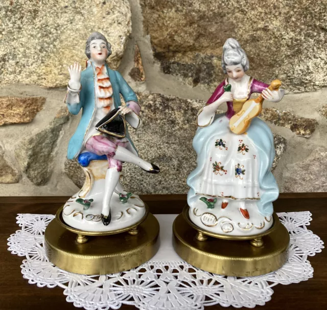 Vintage Pair French Style Porcelain Figurines - Reclaimed from Lamp Base - 7" H