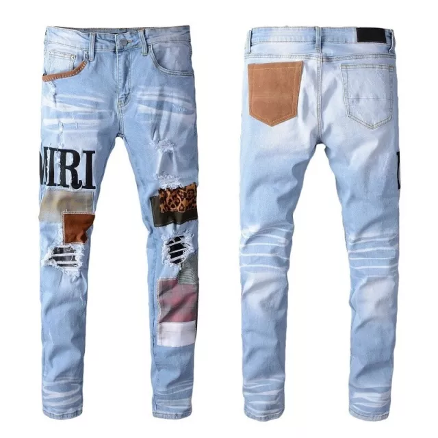 Men's Ripped Embroidery Patchwork Stretch Ripped Leopard Skinny Fit Denim Jeans 2