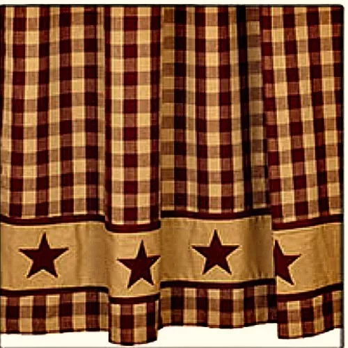 New Primitive Burgundy CRANBERRY STAR Homespun Check Curtain Panels 63"