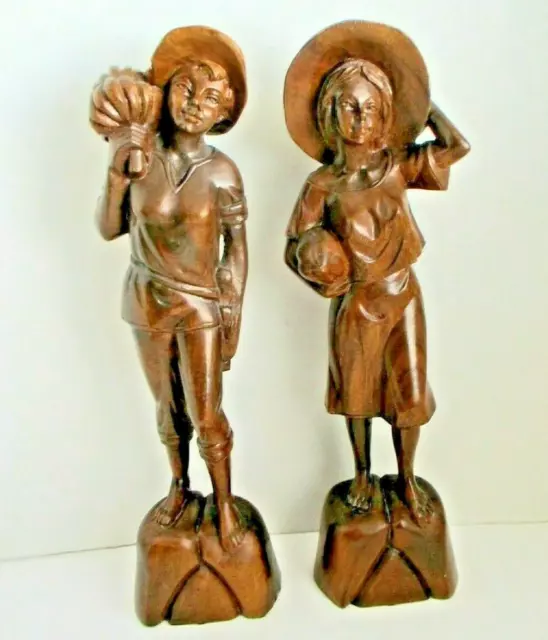 Vintage Large 18" Inch Hand Carved Solid Wooden Statues Sculptures Man/Woman Set