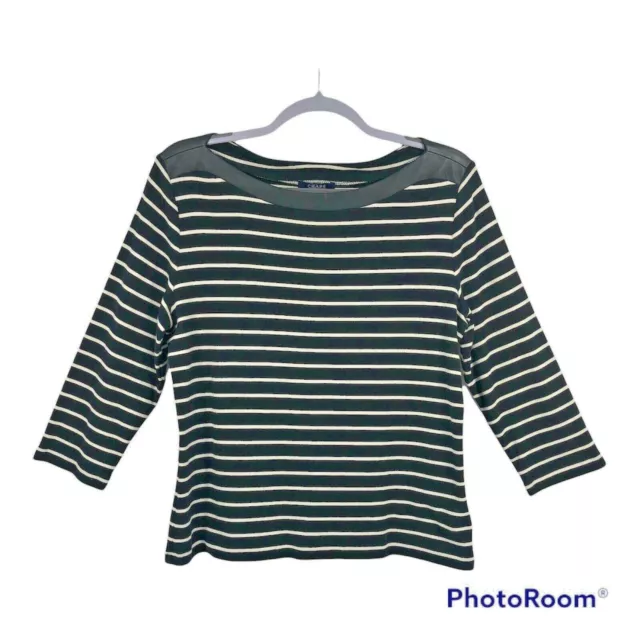 Chaps Womens Sz XL Striped Top 3/4 Sleeve Black White Boatneck Faux Leather Trim