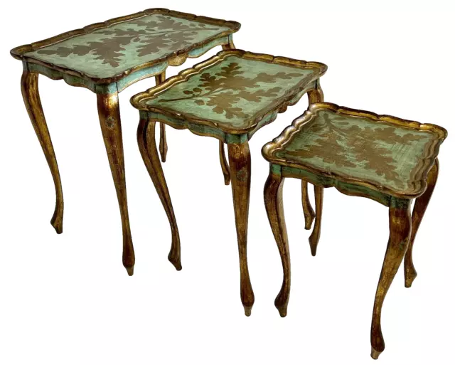 1960s 3-Set Florentine Hollywood Regency Gold & Green Wood Nesting Tables