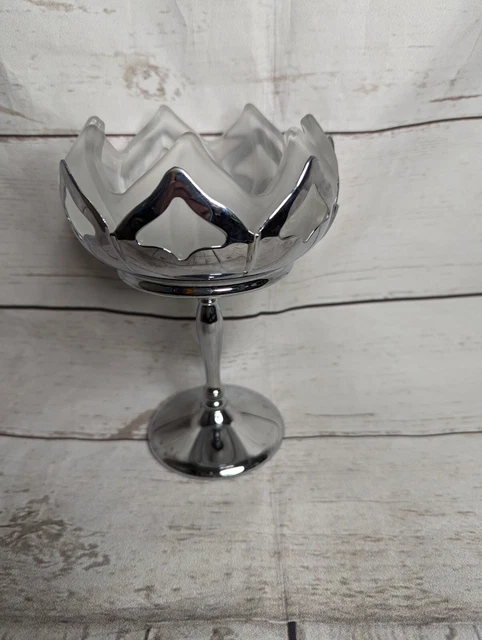 VTG Westmoreland  Frosted Glass Lotus Flower Compote Farber Brothers Chrome ‘30s