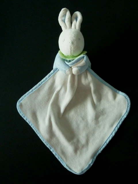 46- Doudou Peluche Lapin Assis Avec Mouchoir Klorane Blanc Bleu Col Vert - Tbe