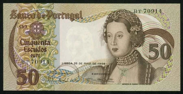1968 Portugal 50 Escudos Banknote P#174 Infanta D Maria-1507 City View Sintra CU