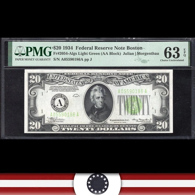 1934 $20 BOSTON FRN *LIGHT GREEN SEAL* PMG 63 EPQ Fr 2054-A lgs 05590186A